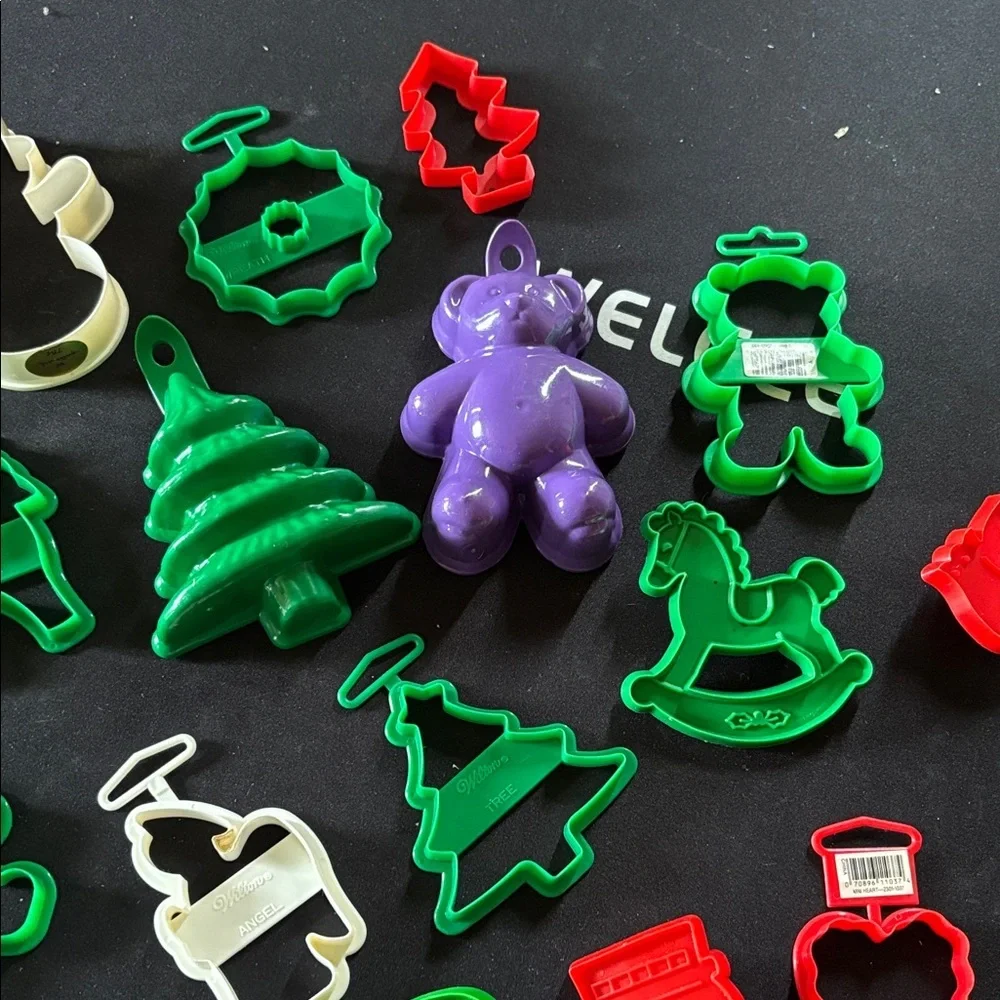 Assorted Holiday Cookie Cutters and Molds - Green, Red, White, Purple